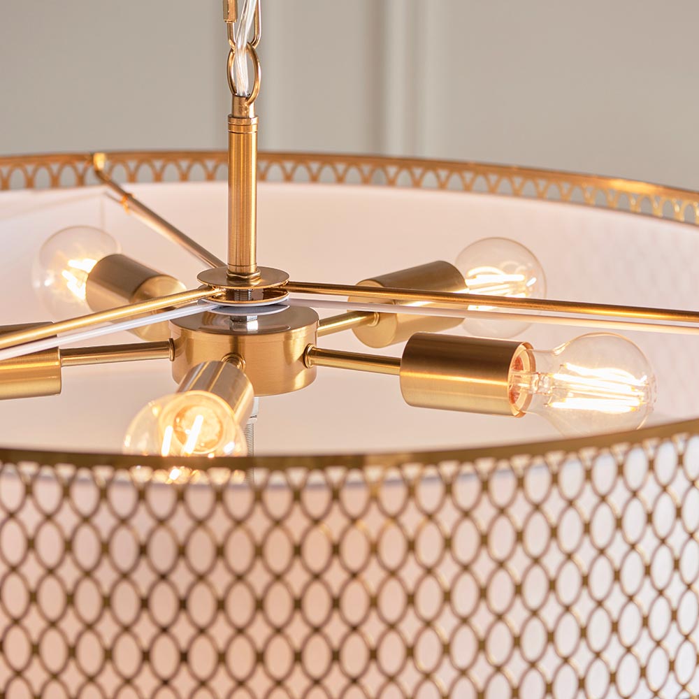 Cagney 5 Light White Fabric Shade Pendant Light In Gold