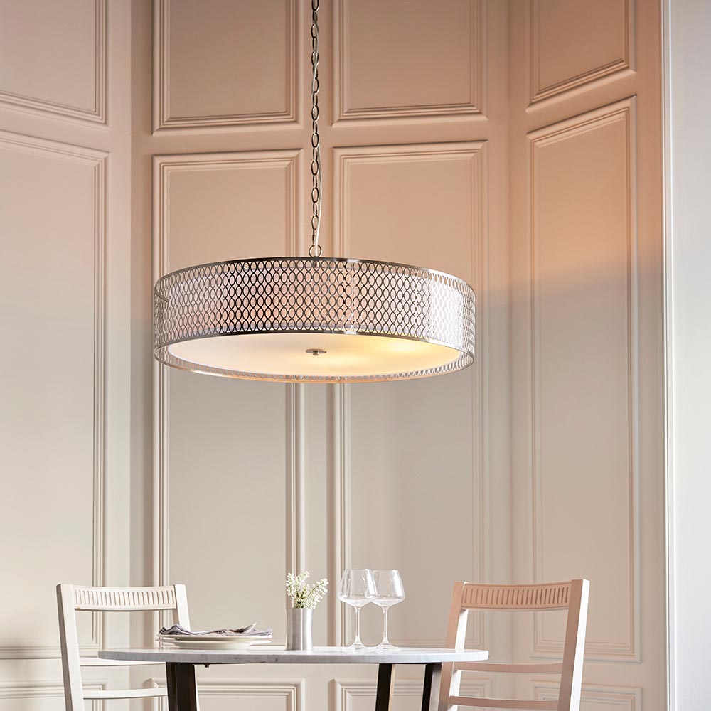 Cagney White Fabric Shade Pendant Light In Satin Nickel