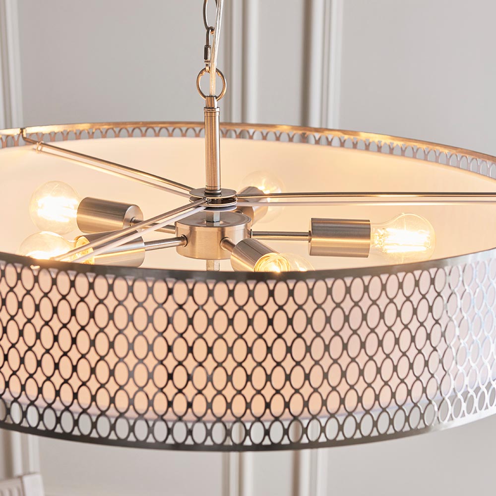 Cagney White Fabric Shade Pendant Light In Satin Nickel
