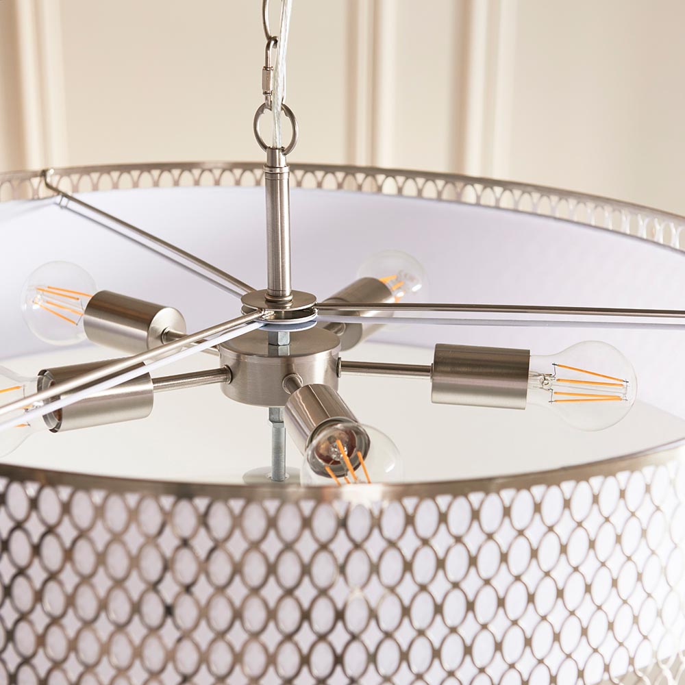 Cagney White Fabric Shade Pendant Light In Satin Nickel