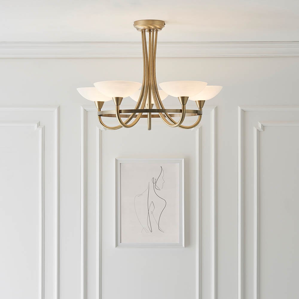 Cagney 5 Light White Glass Shade Flush Light In Antique Brass