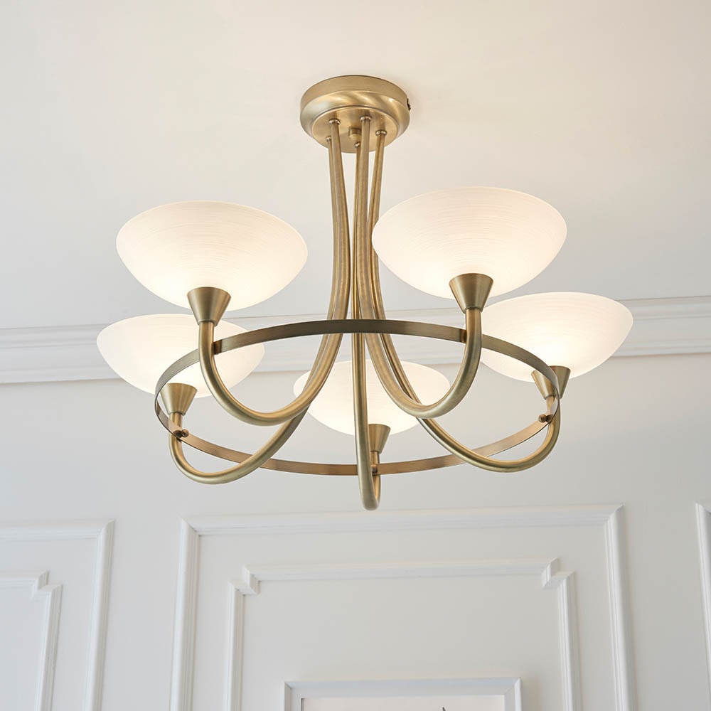 Cagney 5 Light White Glass Shade Flush Light In Antique Brass
