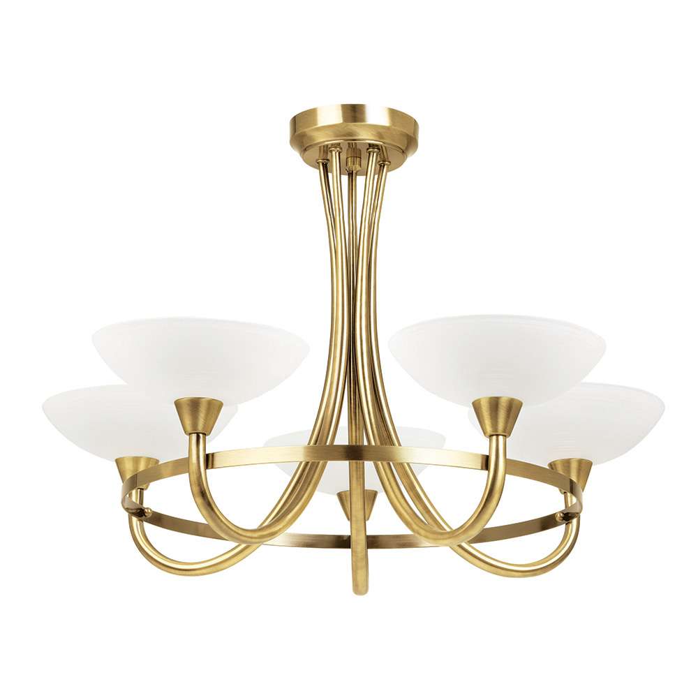 Cagney 5 Light White Glass Shade Flush Light In Antique Brass