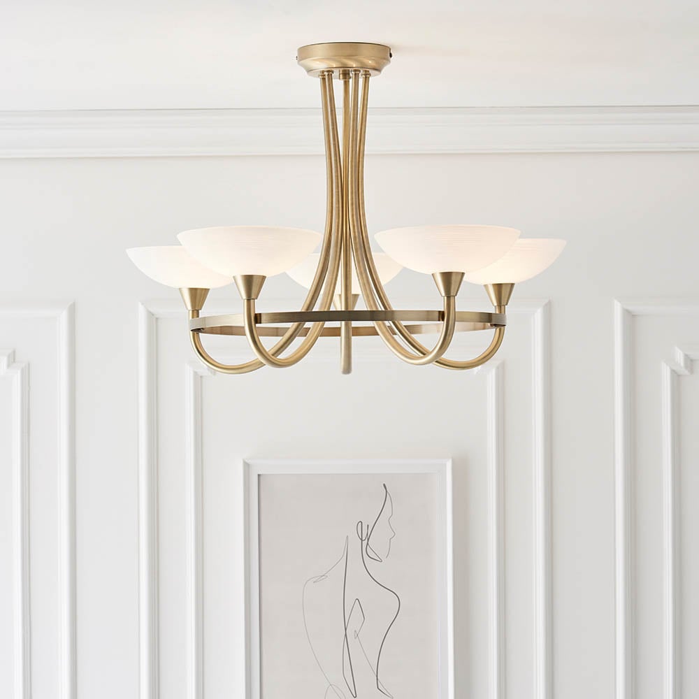 Read more about Cagney 5 light white glass shade flush light in antique brass