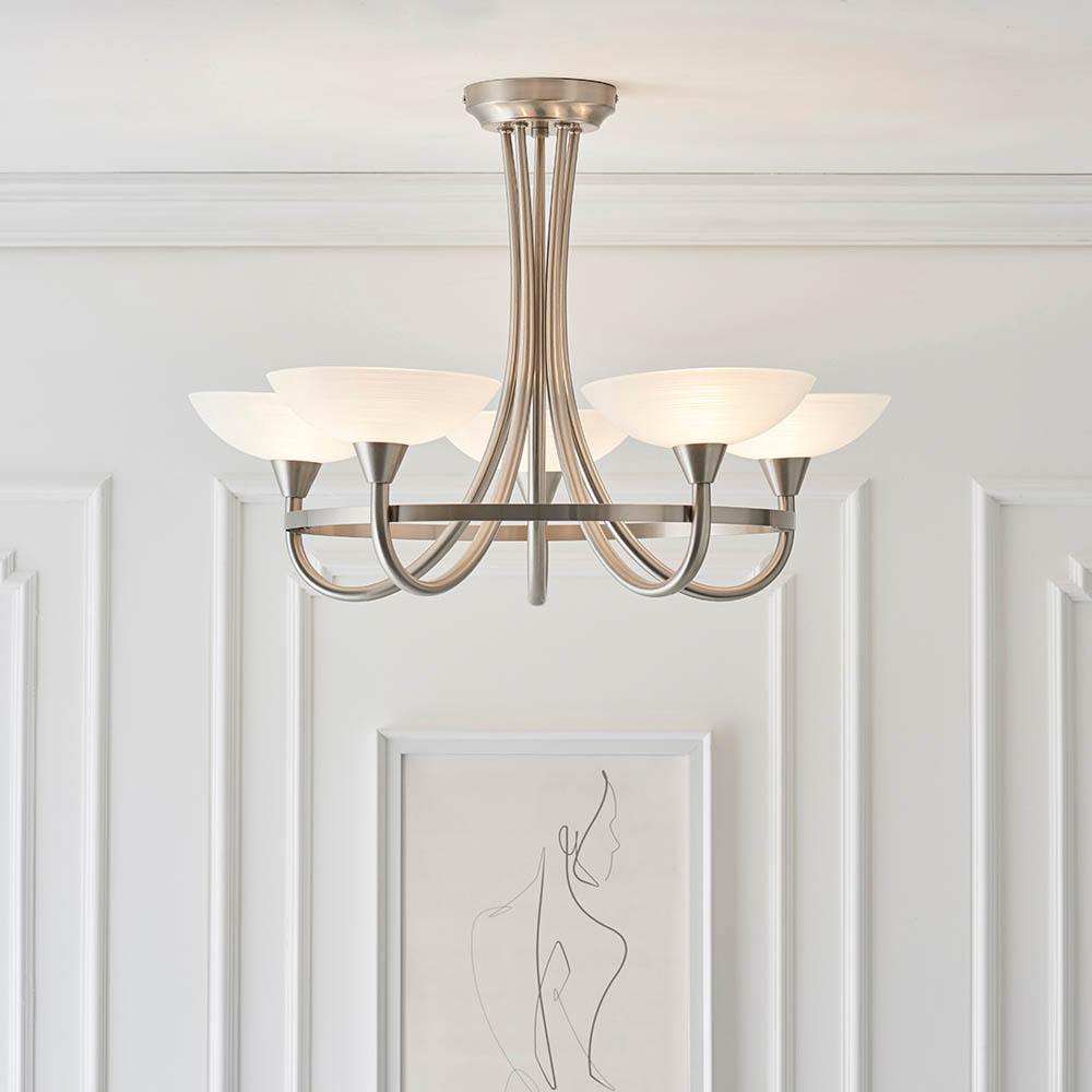 Cagney 5 Light White Glass Shade Flush Light In Satin Chrome