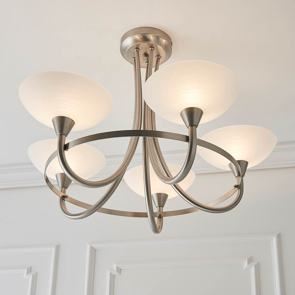 Cagney 5 Light White Glass Shade Flush Light In Satin Chrome