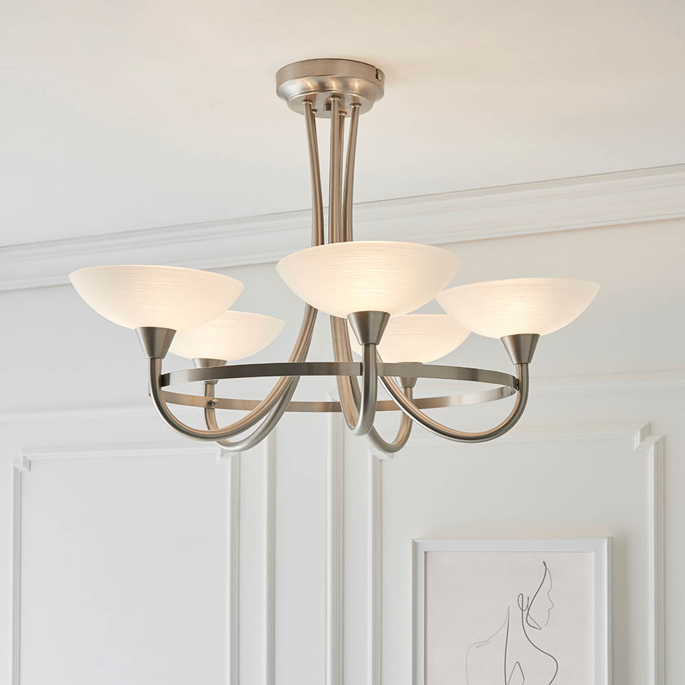 Read more about Cagney 5 light white glass shade flush light in satin chrome