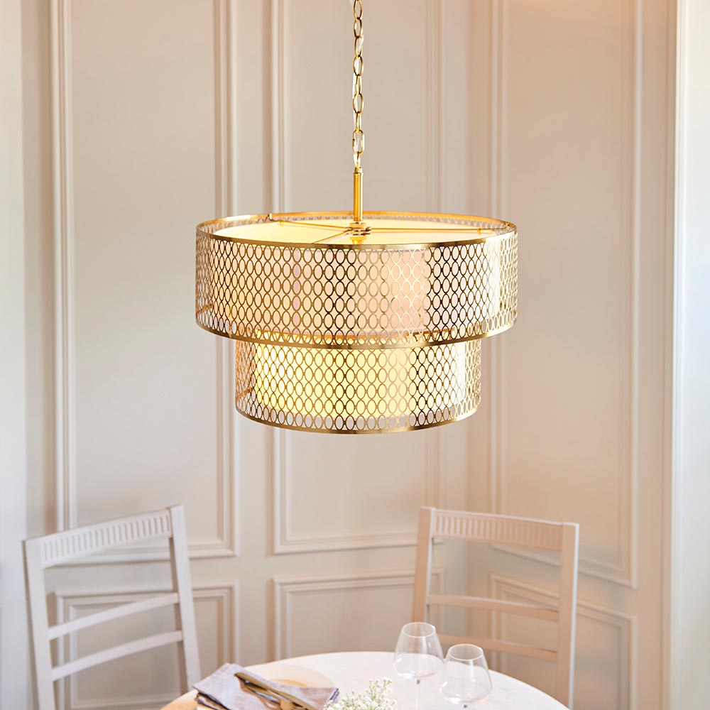 Cagney 6 Light White Fabric Shade Pendant Light In Gold