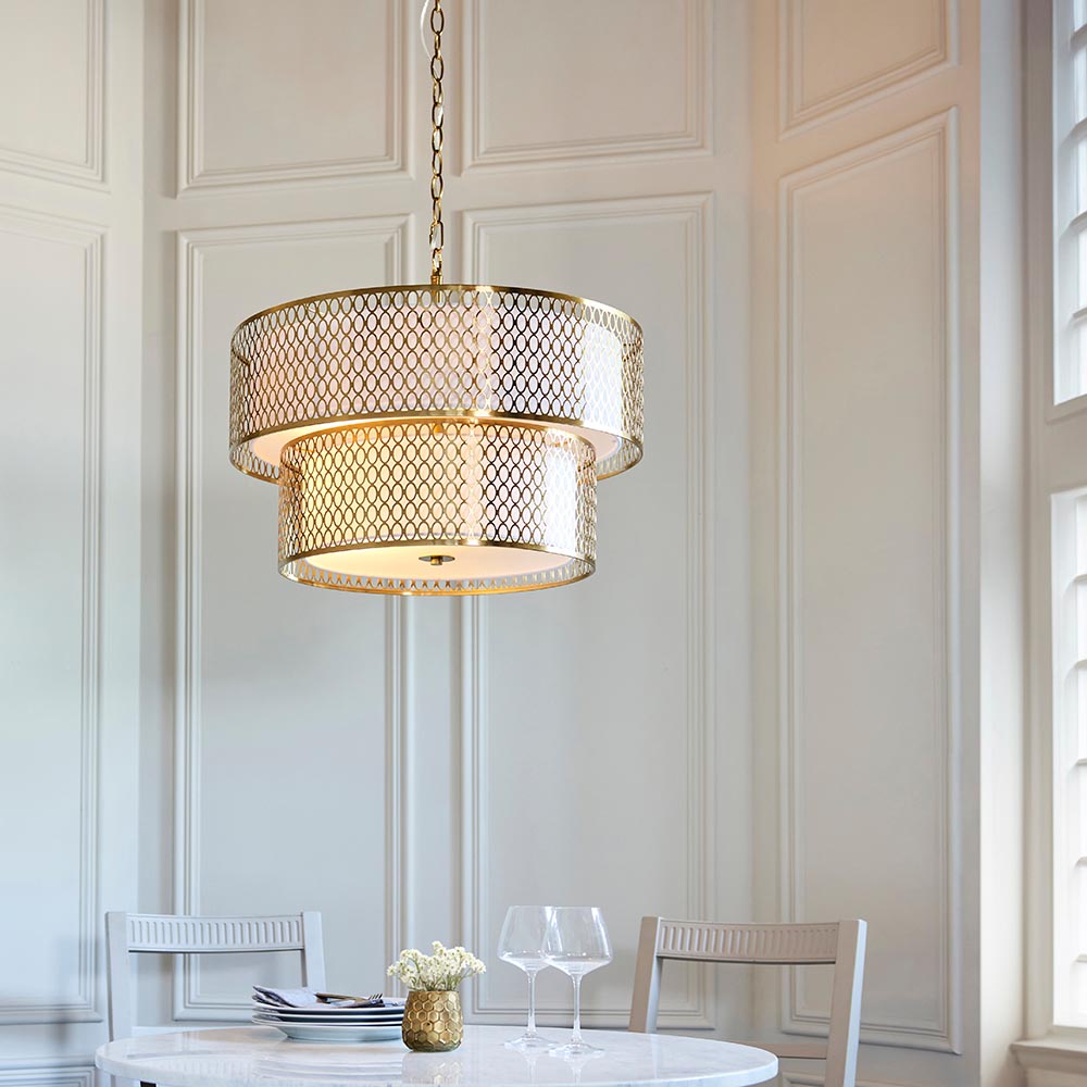 Cagney 6 Light White Fabric Shade Pendant Light In Gold