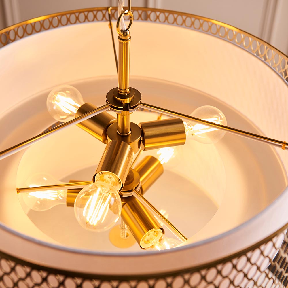 Cagney 6 Light White Fabric Shade Pendant Light In Gold