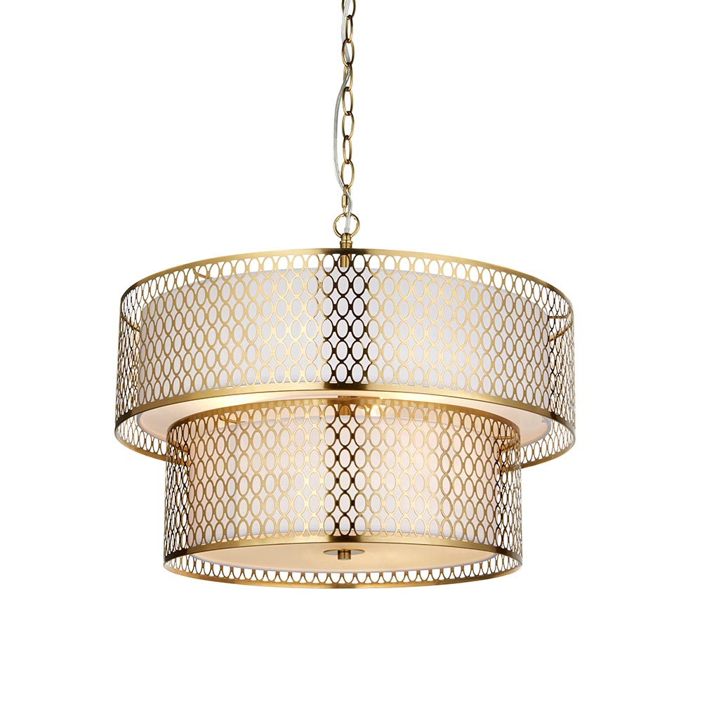 Cagney 6 Light White Fabric Shade Pendant Light In Gold