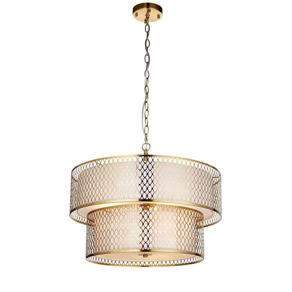 Cagney 6 Light White Fabric Shade Pendant Light In Gold