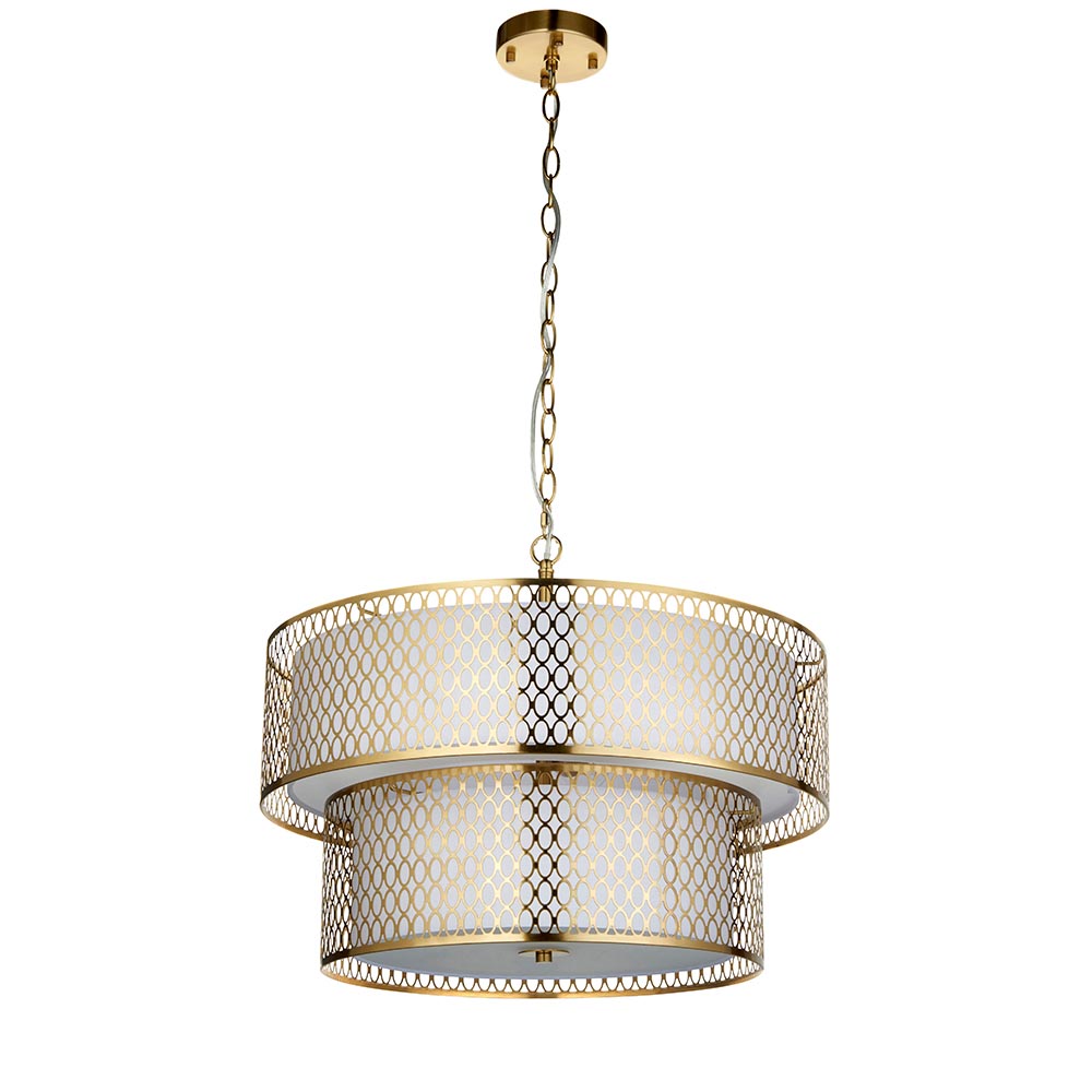 Cagney 6 Light White Fabric Shade Pendant Light In Gold