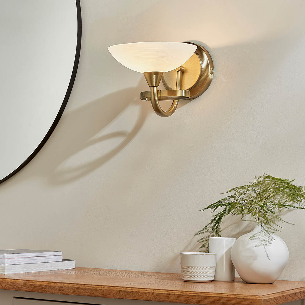 Cagney White Glass Shade Wall Light In Antique Brass