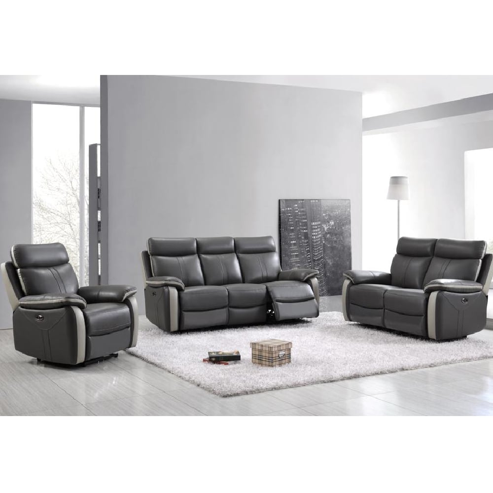 Caguas Leather Recliner Sofa Suite In Dual Tone Dark Grey