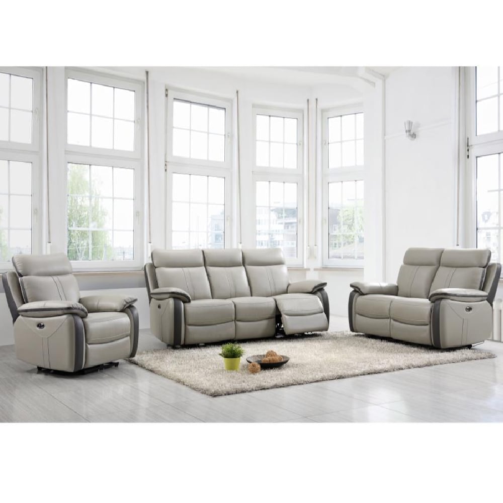 Caguas Leather Recliner Sofa Suite In Dual Tone Light Grey