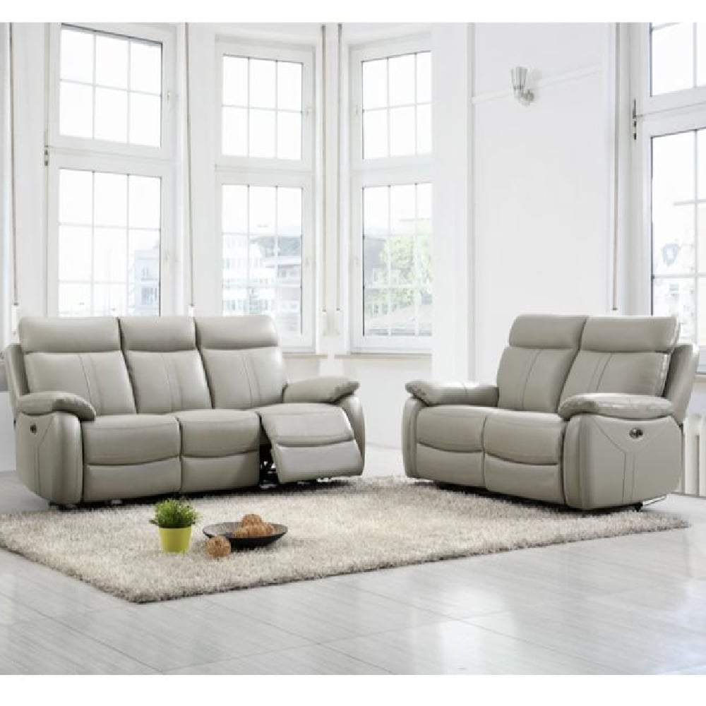 Caguas Leather Recliner 3+2 Seater Sofa Set In Light Grey