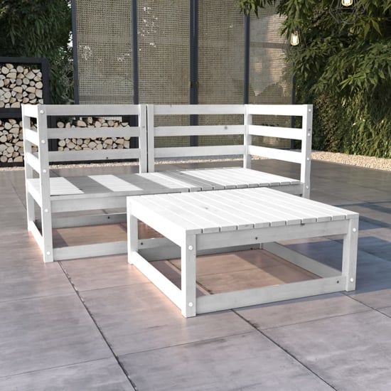 Cain Solid Pinewood 3 Piece Garden Lounge Set In White