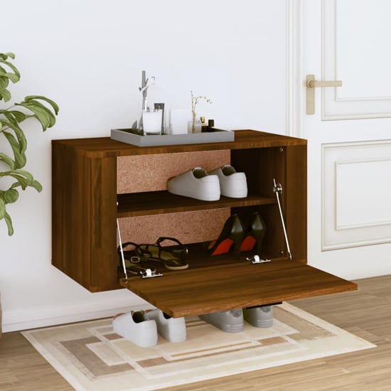 Product photograph of Cairns Wall Hung Wooden Shoe Storage Cabinet In Brown Oak from Furniture in Fashion