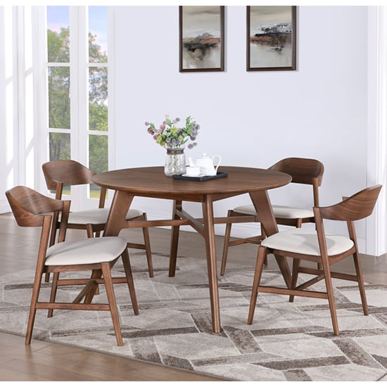Cairo Wooden Dining Table Round With 4 Chairs In Walnut