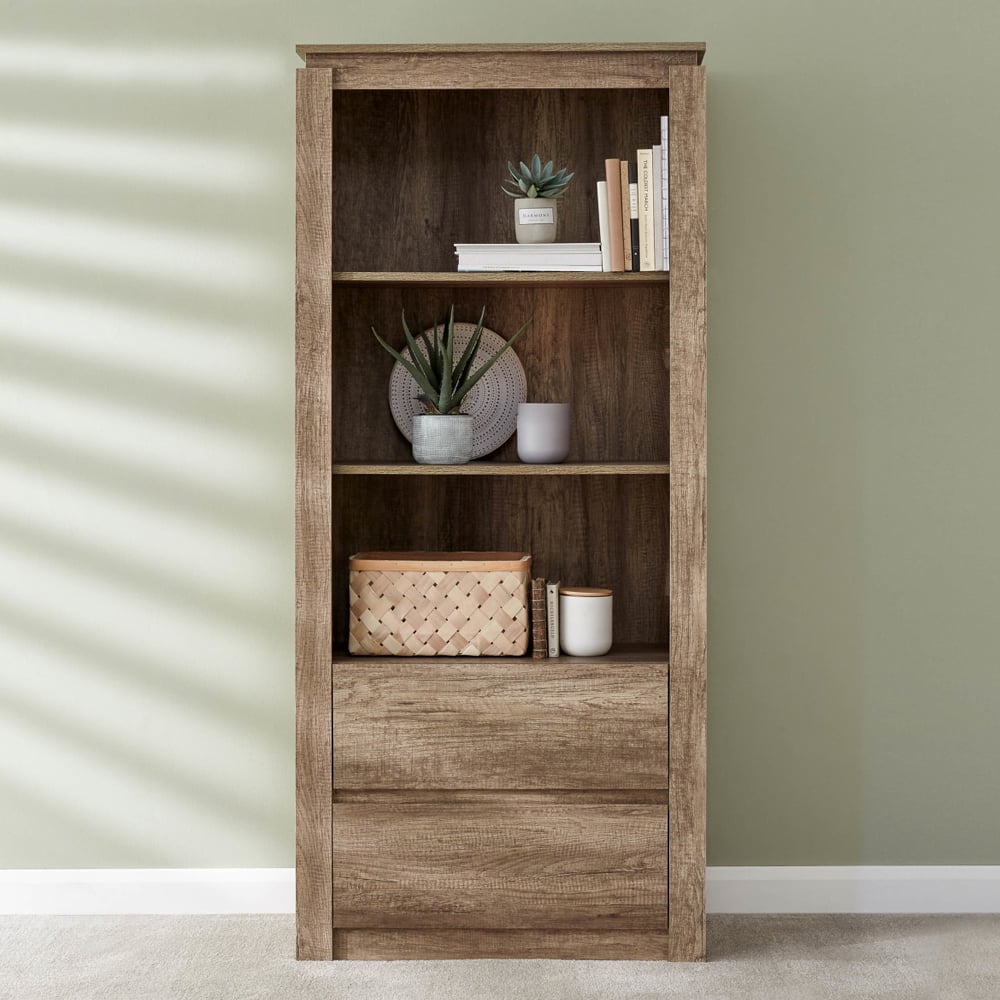 Caister Wooden Bookcase With 2 Drawers In Grey Oak