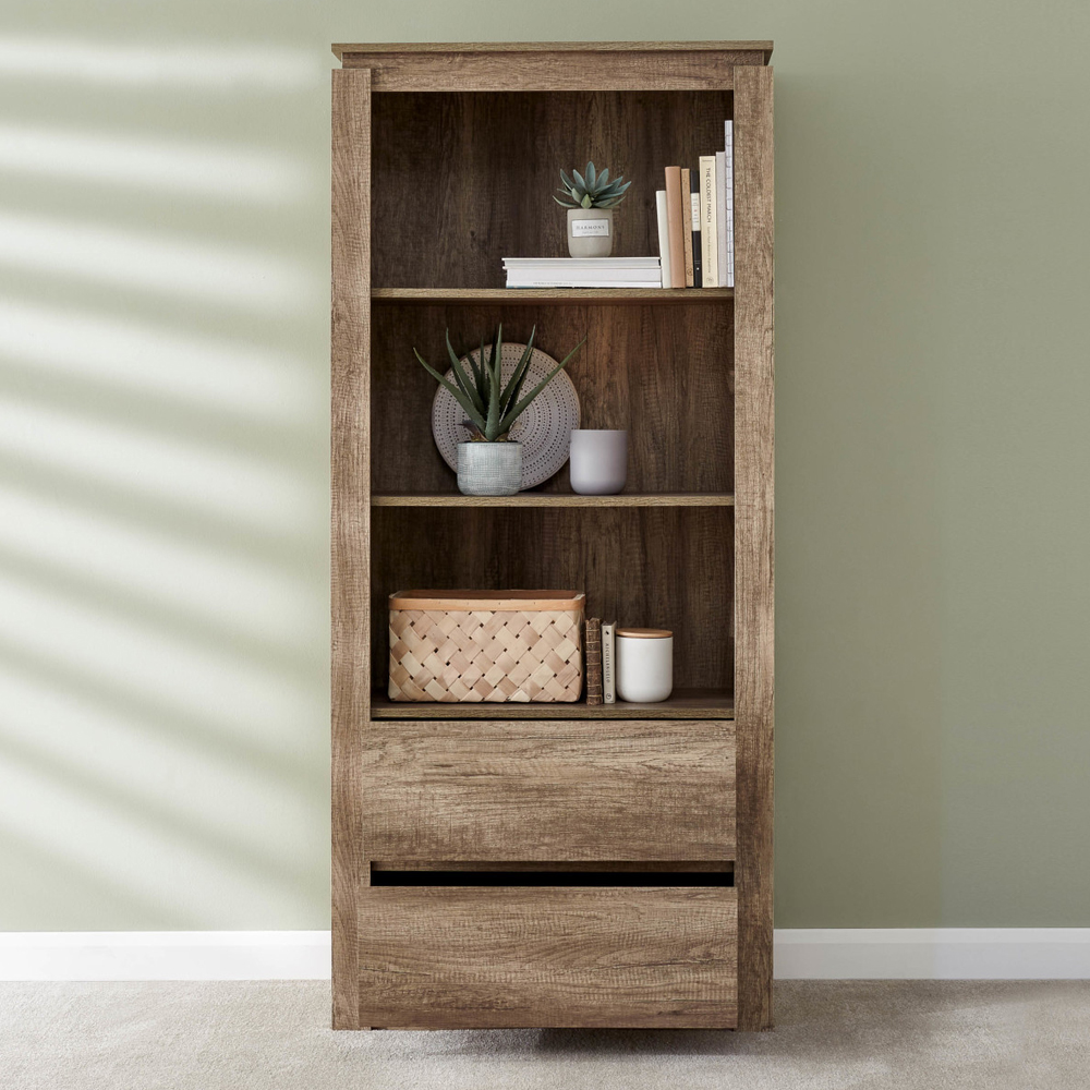 Caister Wooden Bookcase With 2 Drawers In Grey Oak