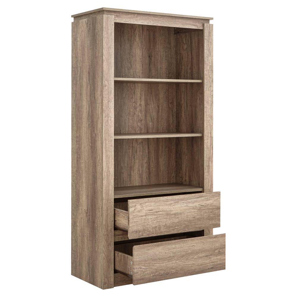 Caister Wooden Bookcase With 2 Drawers In Grey Oak