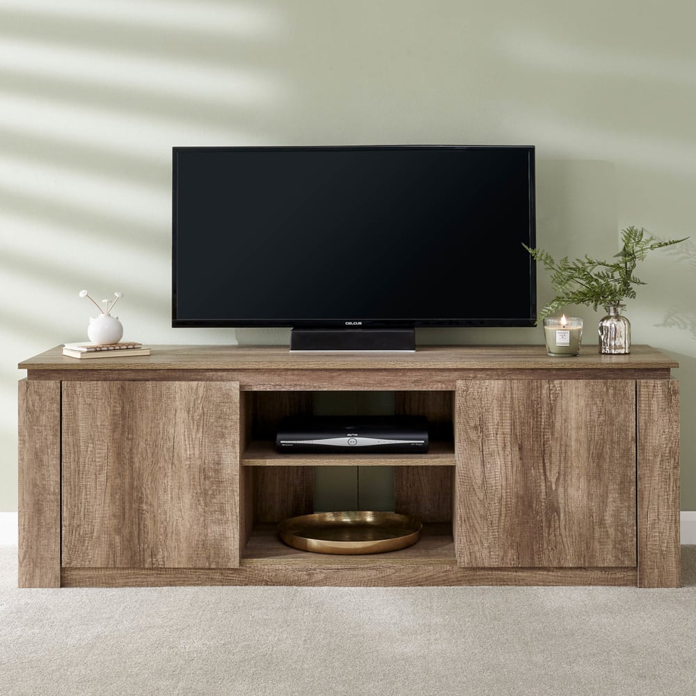 Caister Wooden TV Stand With 2 Doors In Grey Oak