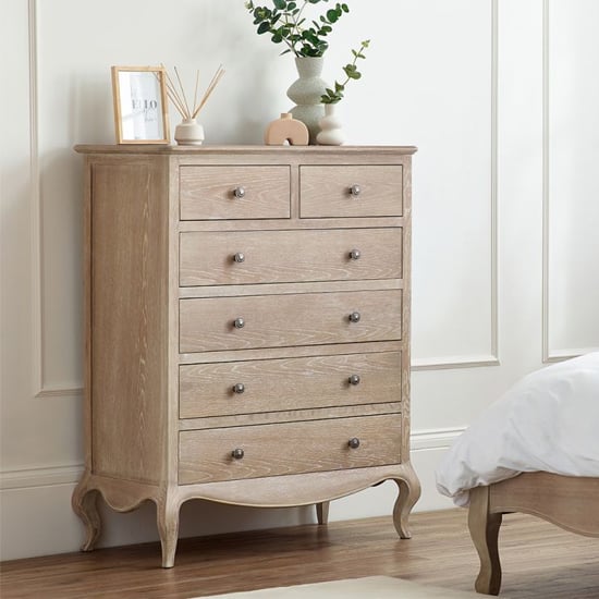 Read more about Caitlyn wooden chest of 5 drawers in limed oak