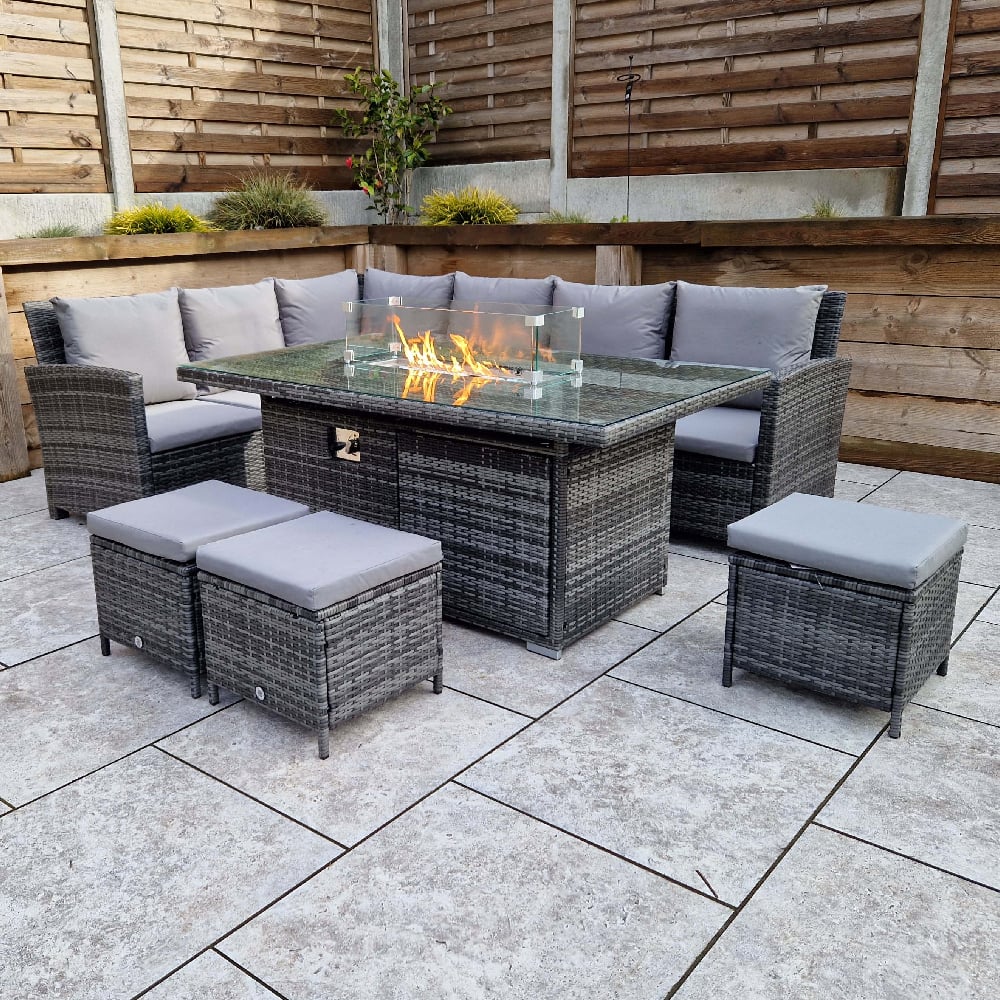 Calabar Glass Top Garden Corner Firepit Dining Set In Grey