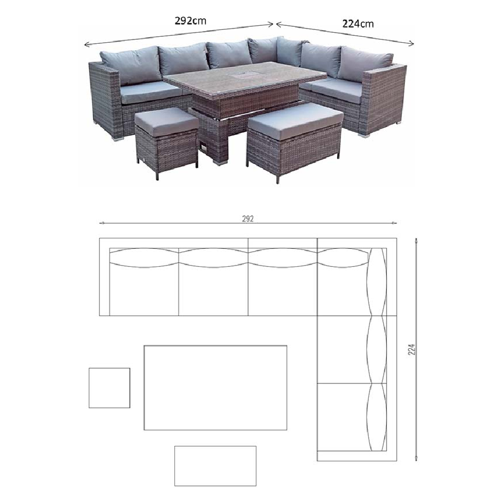 Calabar Rattan Garden Corner Dining Set With Lift Up In Grey