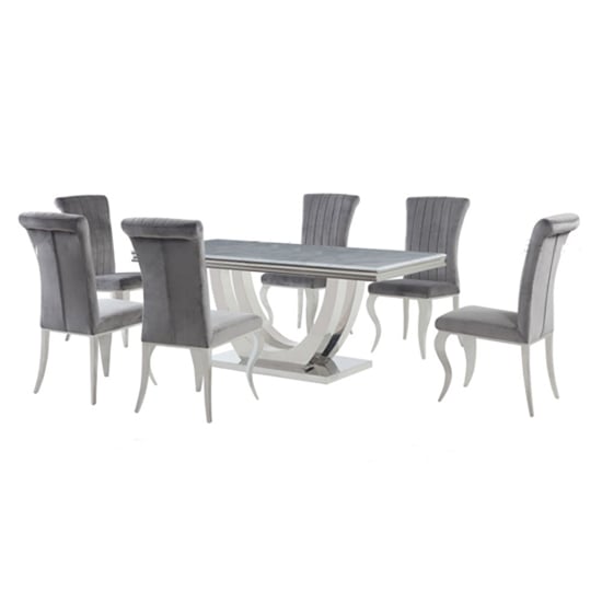 Read more about Calacatta white marble dining table with 6 liyam grey chairs