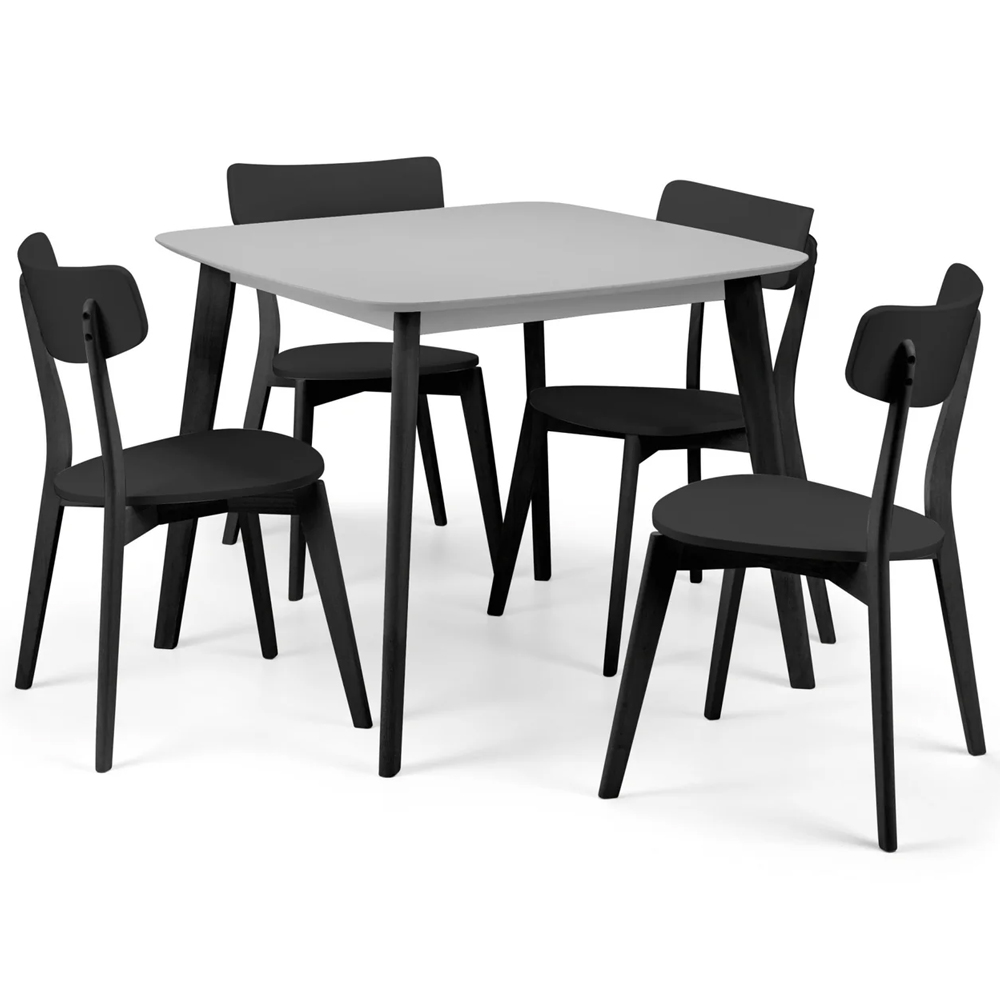 Calah Grey Wooden Square Dining Table With 4 Black Chairs