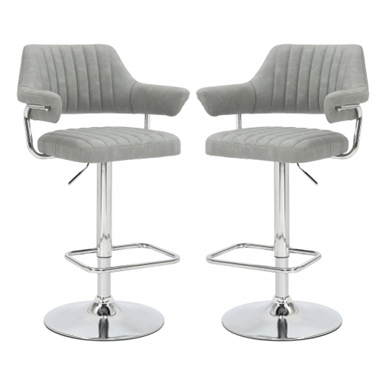 Read more about Calais light grey leather bar stools with chrome base in pair