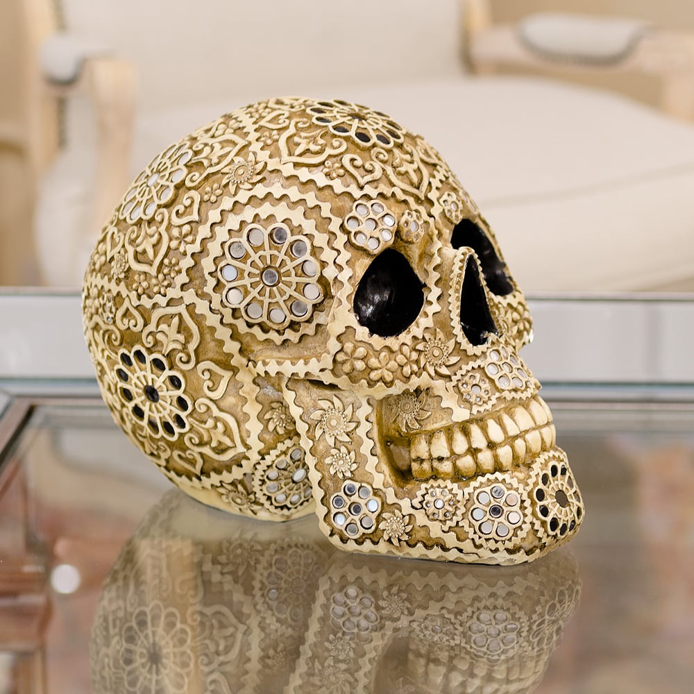 Read more about Calgary resin sugar skull sculpture in yellow
