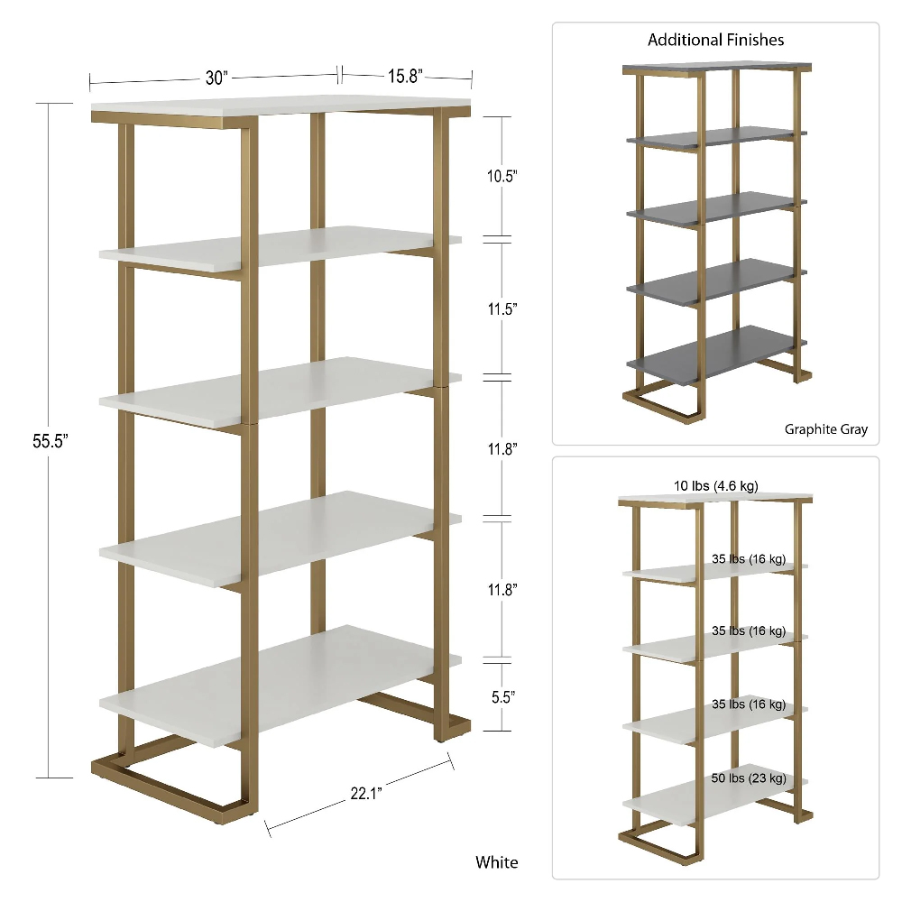 Calgary Wooden Bookcase With Gold Metal Frame In Graphite Grey