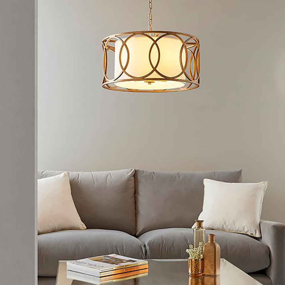 Calhoun Fabric Cylindrical Pendant Light In Brushed Gold Painted
