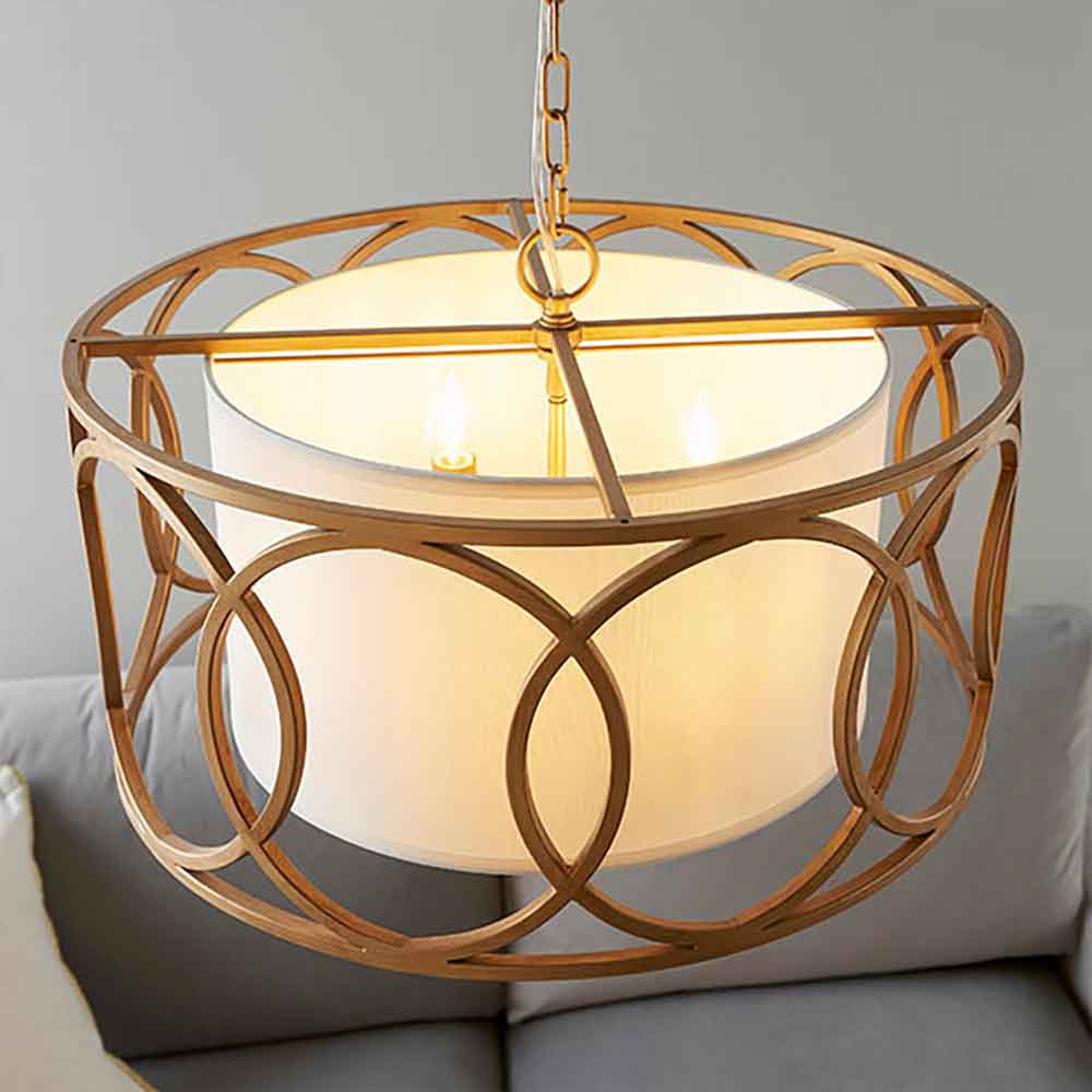 Calhoun Fabric Cylindrical Pendant Light In Brushed Gold Painted