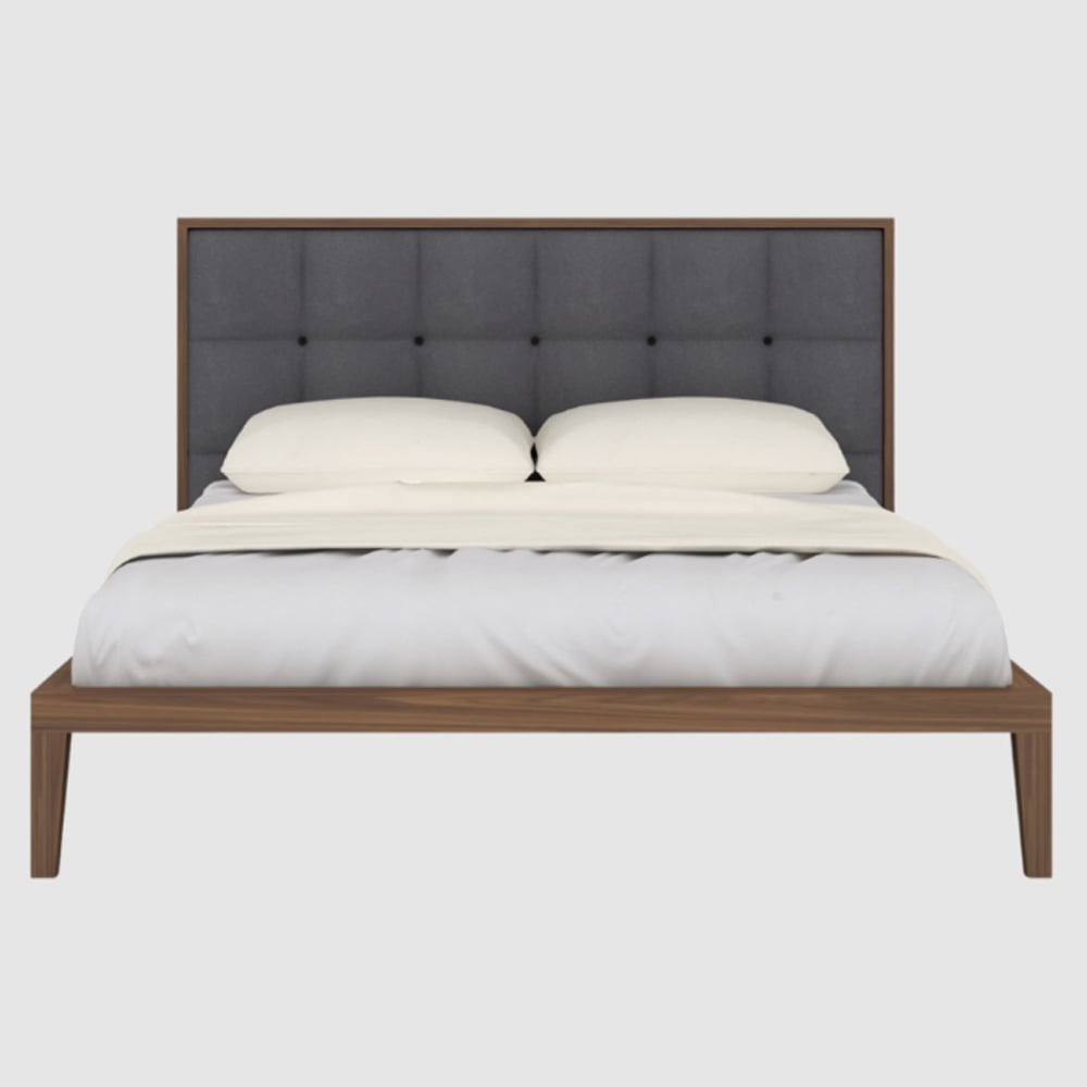 calhoun wooden double bed with grey fabric headboard in walnut