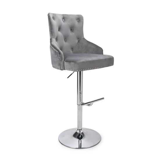 Photo of Rivne bar stool in grey brushed velvet and polished chrome base