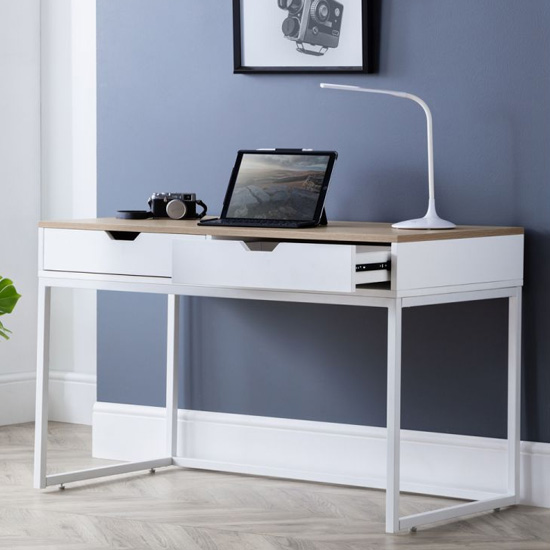 Caesarea Wooden Laptop Desk In White High Gloss And Oak thumbnail