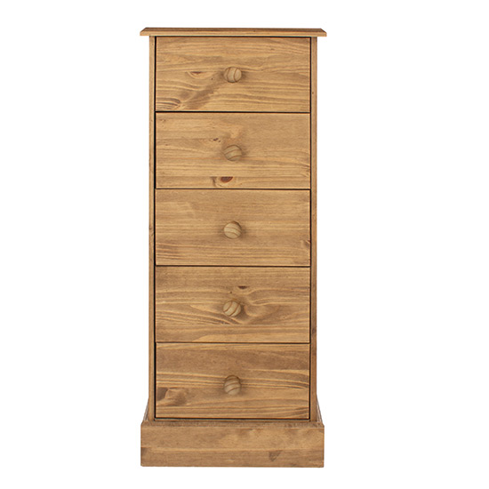 Calixto Narrow Wooden Chest Of 5 Drawers In Waxed Pine_2