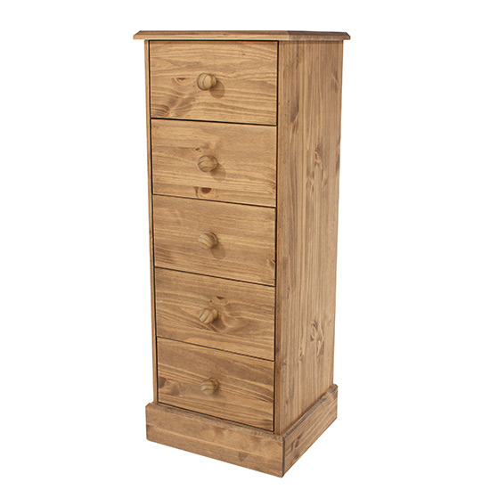 Calixto Narrow Wooden Chest Of 5 Drawers In Waxed Pine_3