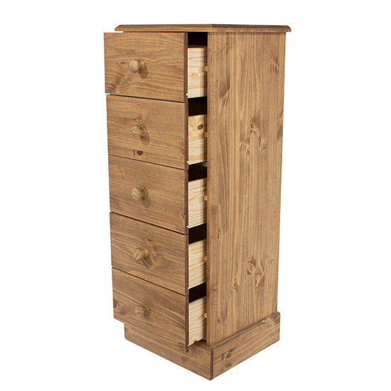 Calixto Narrow Wooden Chest Of 5 Drawers In Waxed Pine_4