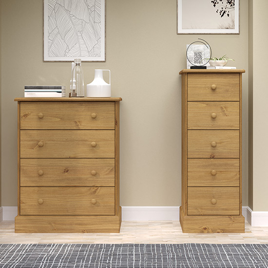 Calixto Narrow Wooden Chest Of 5 Drawers In Waxed Pine_5