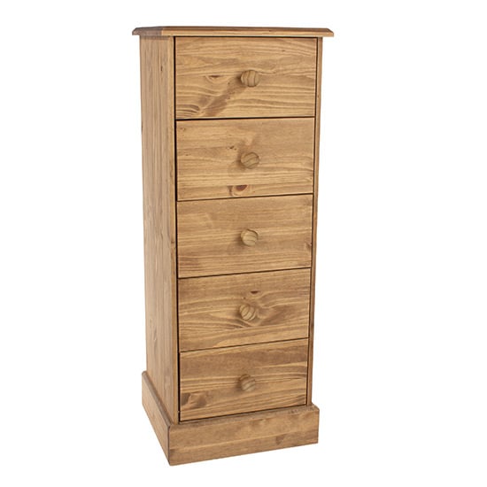 Read more about Calixto narrow wooden chest of 5 drawers in waxed pine