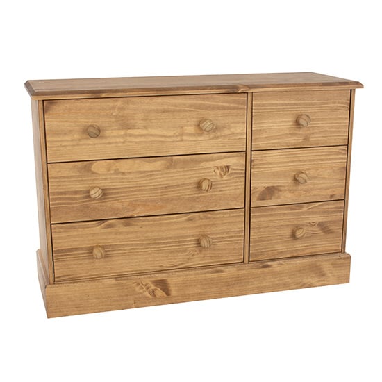 Calixto Wide Wooden Chest Of 6 Drawers In Waxed Pine