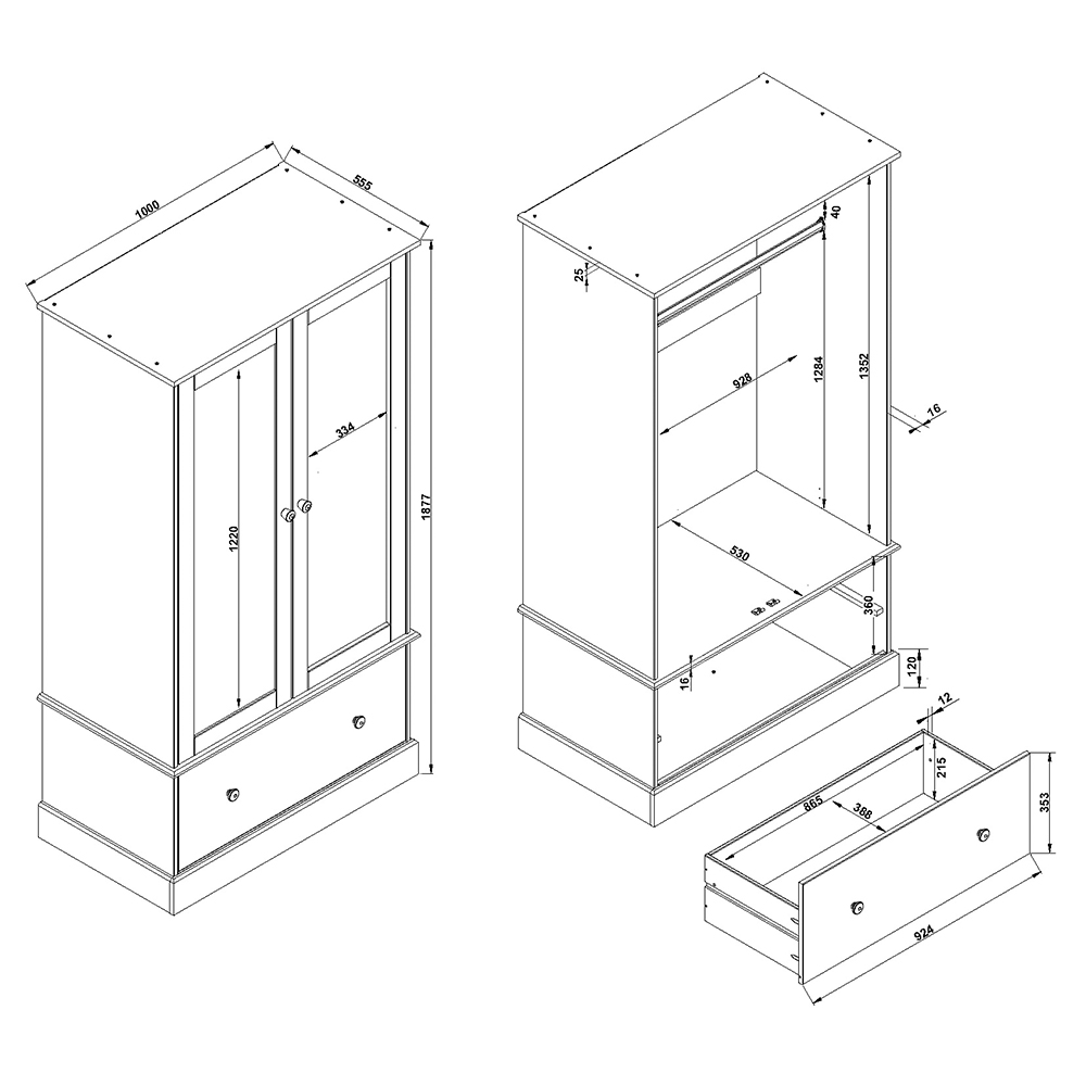 Calixto Wooden Wardrobe With 2 Doors 1 Drawer In Oak