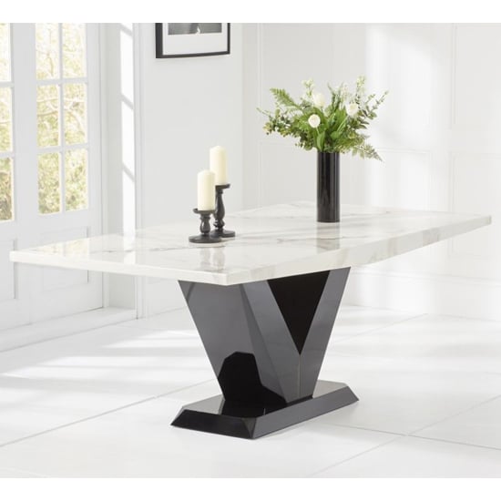 Caller High Gloss Marble Dining Table In White And Black