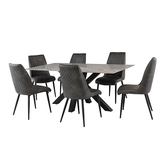 Callie 180cm Marble Dining Table In Rebecca Grey With Black Leg